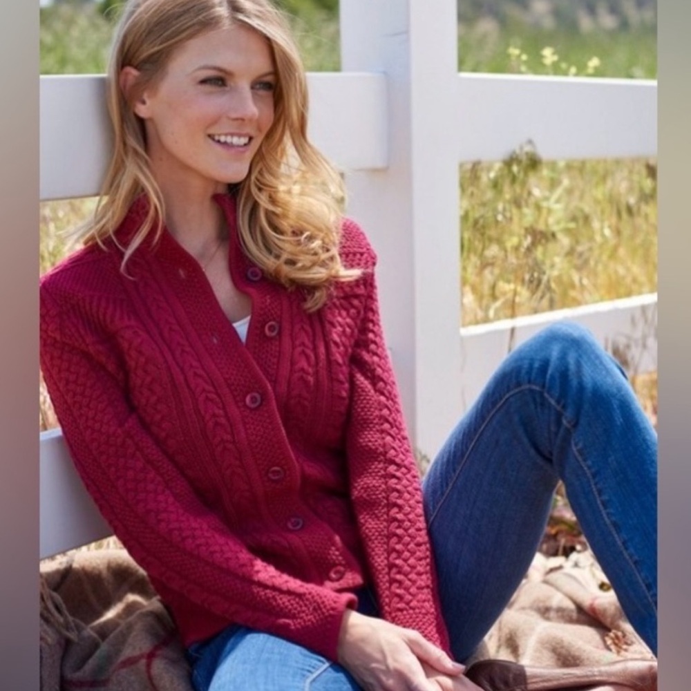 L.L. Bean Women's Red Cable Knit Cardigan